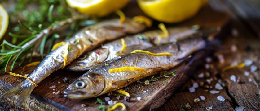 Anchovies with herbs and lemons on a background with selective focus