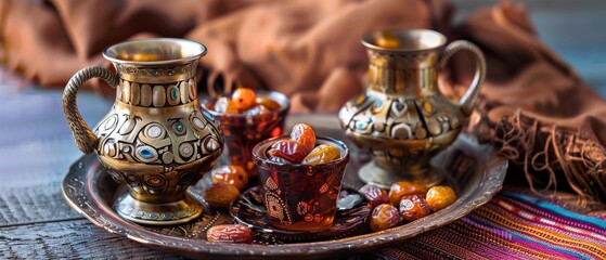 Arabic coffee with dates arranged - obrazy, fototapety, plakaty