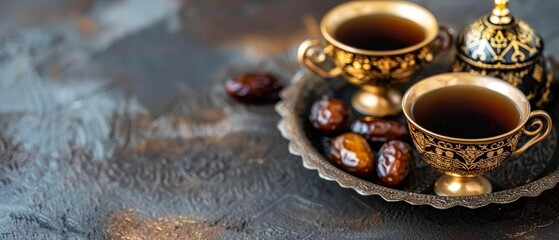 Arabic tea cups with dates served with black coffee and sweet dates