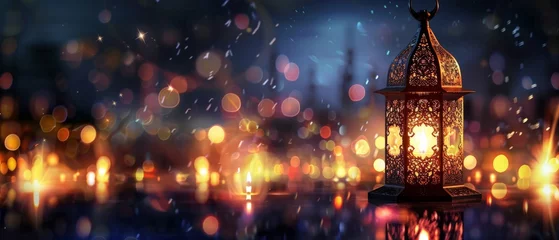 Foto op Plexiglas Arabic lantern dates on white background celebrating Ramadan Mubarak with written Arabic message © The Big L
