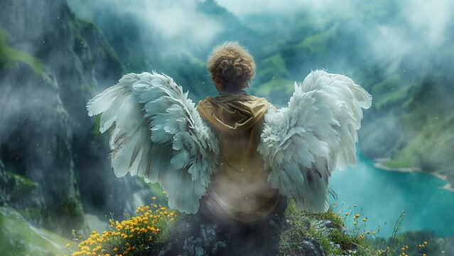 An angel with wings on top of a mountain in the clouds