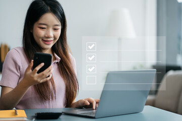 Woman using tablet to do online checklist survey, doing assessment online survey answer test...