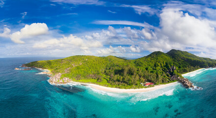 La Digue Island, Seychelles. Aerial view, panorama mode on a sunny day - 756987103