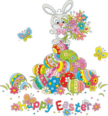 Greeting card with a happy Easter bunny with spring flowers on a pile of colorfully painted gift eggs with merry butterflies flying around, vector cartoon illustration isolated on white