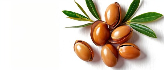 Argan seeds on white background with plant Beauty oils backdrop