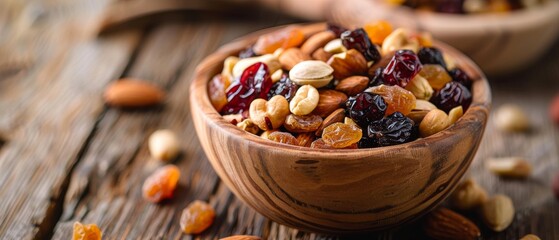 Assorted dried fruits and nuts in a wood bowl - obrazy, fototapety, plakaty