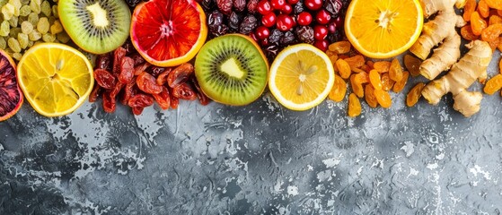 Assorted dried fruits and berries on gray background from top view - obrazy, fototapety, plakaty