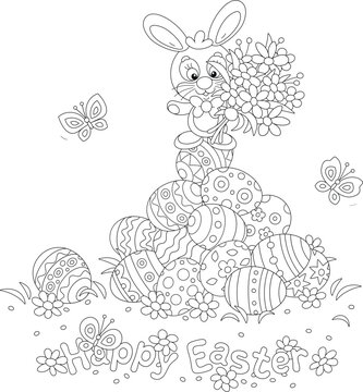 Greeting card with a happy Easter bunny with spring flowers on a pile of painted gift eggs with merry butterflies flying around, black and white vector cartoon illustration for a coloring book
