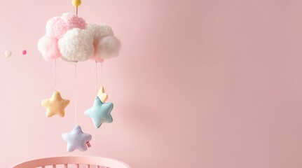 Baby mobile on pink background cute - obrazy, fototapety, plakaty