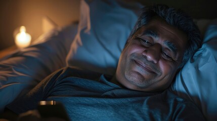 a mature smiling indian man lying in bed, looking at his cell phone