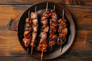 BBQ skewers on plate top view