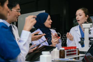 Doctor team, analysis the blood test examination results and medication usage of the patient on the chart, medical check-up concept.