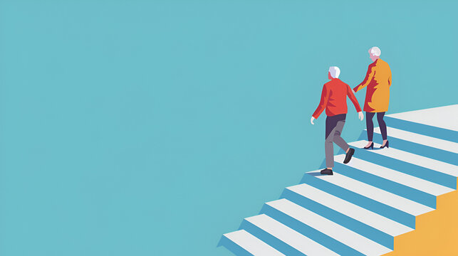 Caregiver Helping Senior Climb Staircase with Copy Space, Concept of Elderly Assistance and Supportive Care, Generative AI

