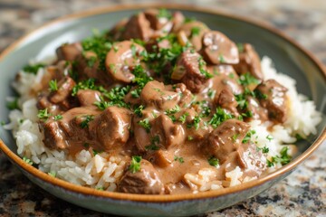 Beef stroganoff served with rice - Powered by Adobe