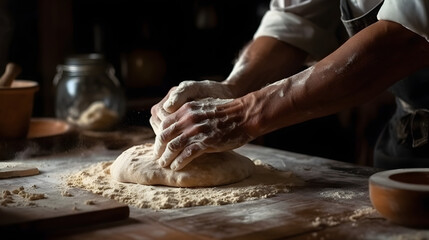 Obraz na płótnie Canvas Baker cooking bread. Man slaps flour over the dough. Man's hands Making bread