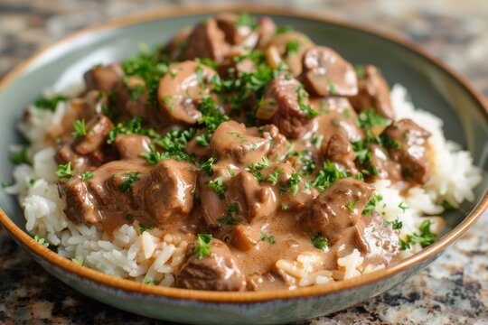 Beef stroganoff served with rice