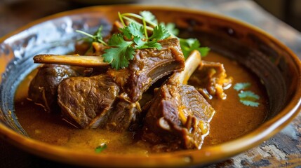 Bowl of beef stew with green herb garnish