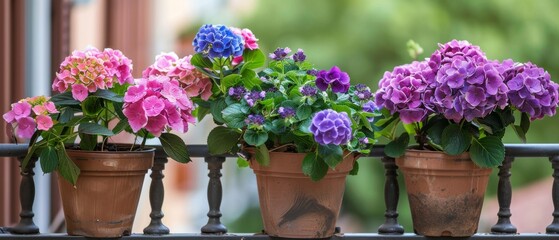 Blooming balcony flowers in decorative pots include pink Hydrangea purple lavender and pansies on a balcony fence