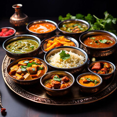 Indian food thali with paneer, rice, palak, dal
