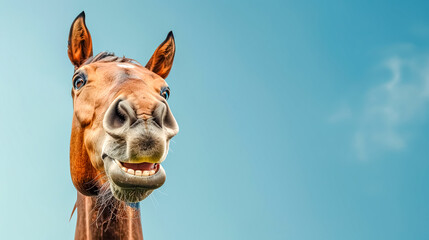 Amused horse with funny facial expression against blue sky