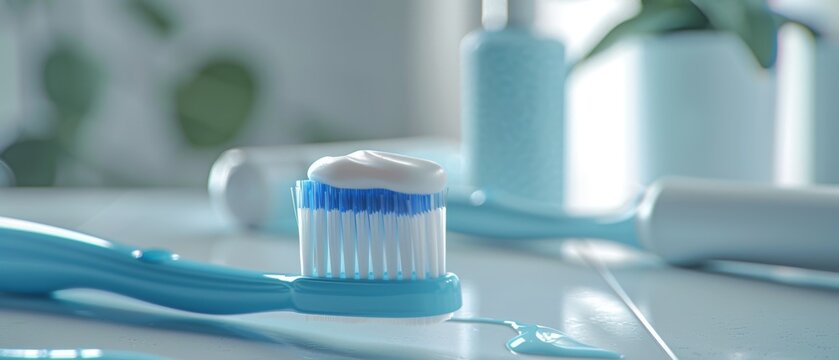Blue toothbrush and toothpaste tube in close up