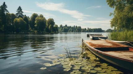 Obraz premium Boat is docked at edge of lake, with few other boats in water