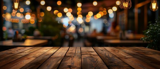 Brown wooden table with blurred restaurant background great for displaying products - obrazy, fototapety, plakaty