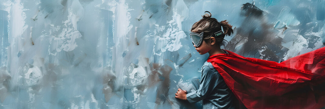 Child Playing Superhero with Copy Space, Conceptual Image of Imagination and Adventure, Ideal for Children's Book Covers and Educational Materials, Generative AI


