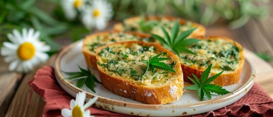 Cannabis garlic butter bread with red and white napkin on wooden table Appetizer health herb concept
