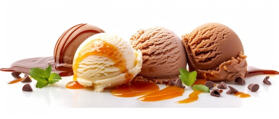 Caramel ice cream with various toppings on white background