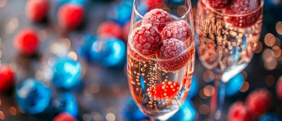 Champagne flute with red and blue raspberry candies - obrazy, fototapety, plakaty