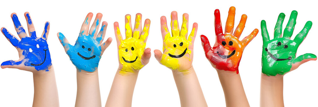Children's Hands Painted with Smileys on Isolated White Background, Happy Kids with Smiley Face Drawings, Joyful and Colorful Concept, Generative AI

