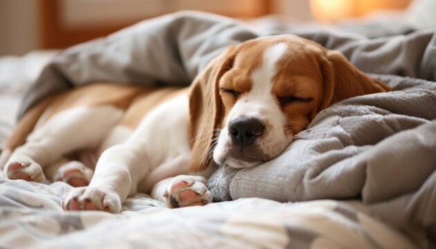 Charming Beagle pup dozing in bed Lovely pet