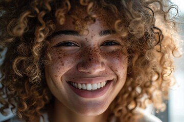 Woman with curly hair and smile on her face