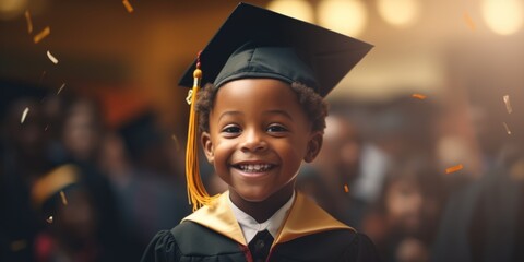 Young black boy wearing graduation cap and gown is smiling