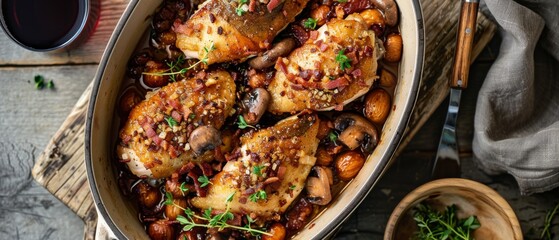 Chicken cooked in red wine with bacon mushrooms and chestnuts - obrazy, fototapety, plakaty