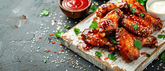 Chicken wings baked with sesame seeds and sweet chili sauce on white wooden board