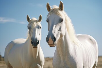 Two white horses standing in field with clear blue sky in background