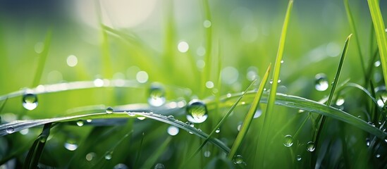 A close up of a field of moist grass with glistening water drops resembling dew on terrestrial plants, creating a beautiful and refreshing scene - Powered by Adobe