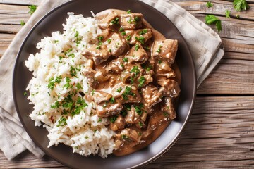 Close up horizontal view from above of beef stroganoff with rice on a plate