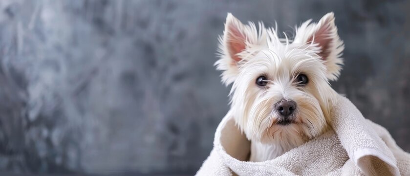 Clean West Highland White Terrier dog wearing towel after grooming Copy Space High quality image