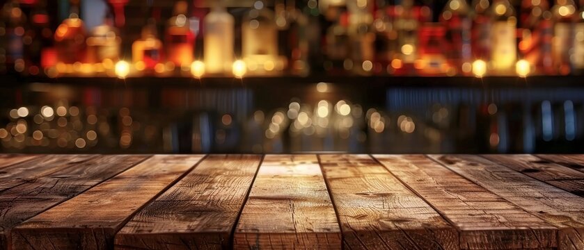 Clear wooden table with blurred bar counter and bottles background for product display