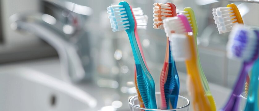 Close up image of colorful toothbrushes in glass on toilet with white background representing dental concept