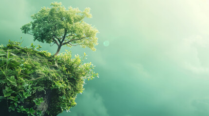 A green cliff with a tree growing on it. Unspoiled green nature concept. - obrazy, fototapety, plakaty
