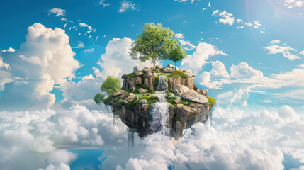 A whimsical island surrounded by white clouds, with stones, waterfall, trees and grass on it. Ecology and nature conservation concept. - obrazy, fototapety, plakaty