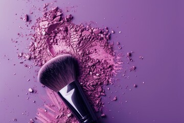 Close up of cosmetic brush and powder on purple surface