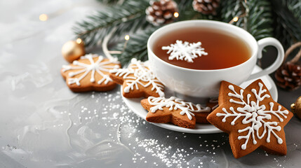 Obraz na płótnie Canvas Christmas Gingerbread Cookies with Icing, Cup of Tea, Festive Holiday Treats for Seasonal Celebrations, Generative AI