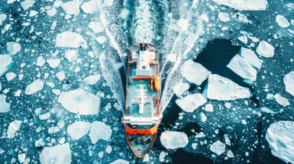 An ice breaker breaking ice, aerial view - obrazy, fototapety, plakaty