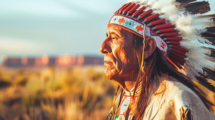 A member of an indian tribe in costume in morning light - obrazy, fototapety, plakaty