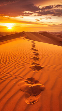 Footsteps in the sand of the desert at sunset